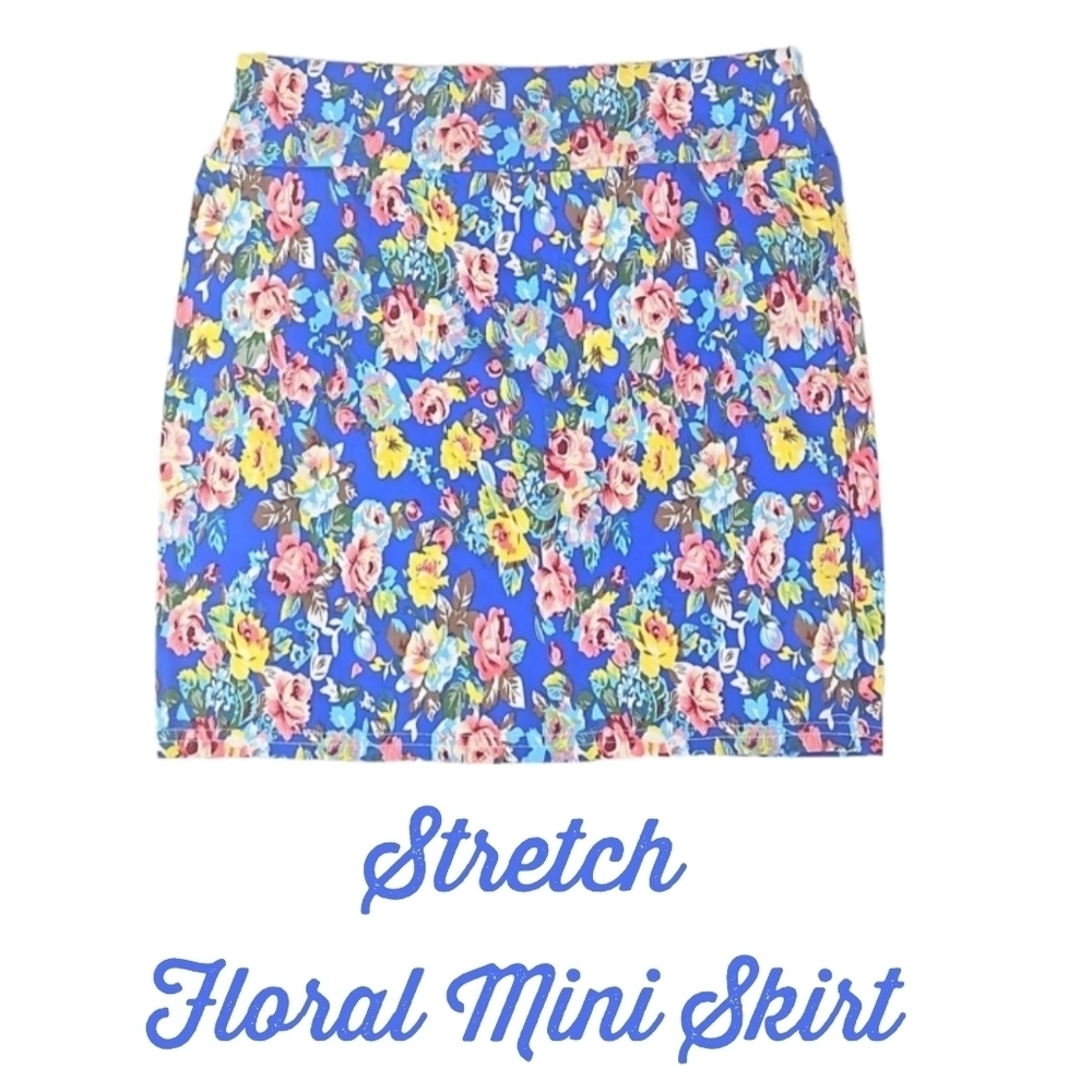 Stretch Mini Skirt, Blue Multi Floral, Size XS